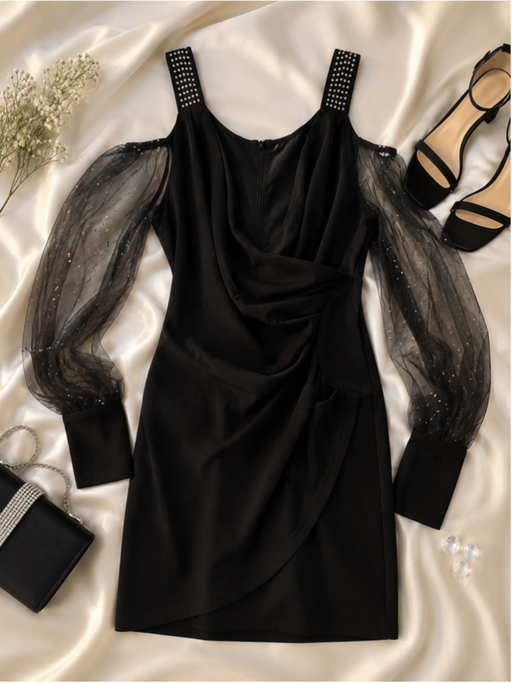Chic Me Black Rhinestone Sheer Sleeve Bodycon Dress L